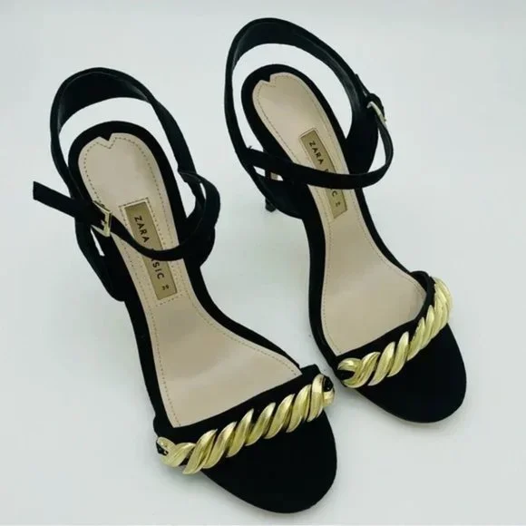 SOLD Zara Black Gold New High Heeled with Chain Sandals,  Sz 8/39 - Picture 4 of 11
